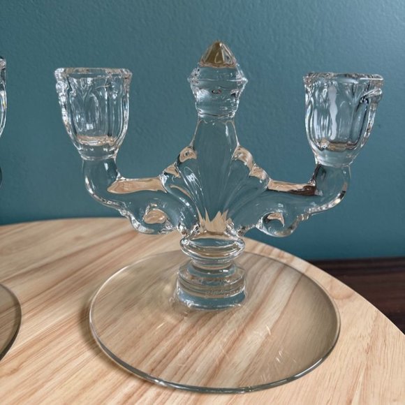 Vintage Pair Heisey Trident Double Candle Holders Crystal Etched Orchid Clear 19 - Picture 9 of 10